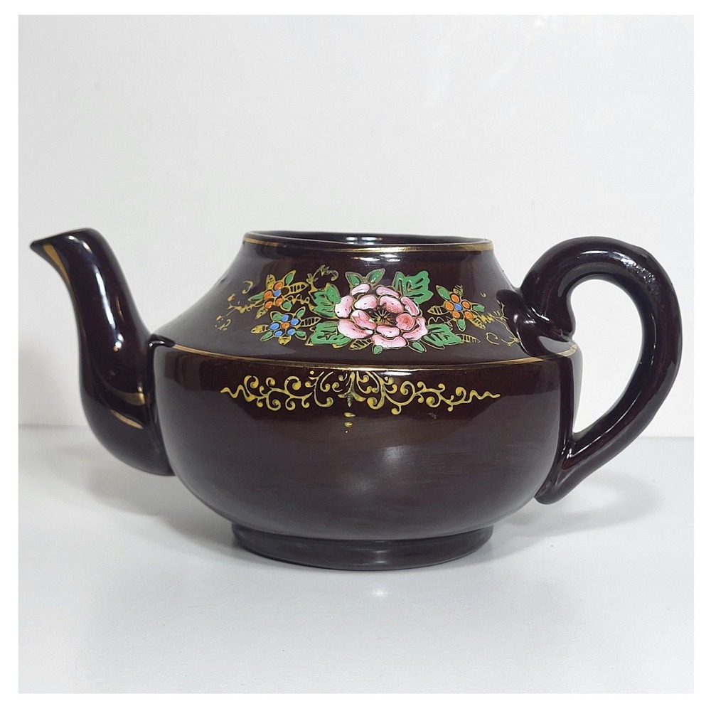 Vintage Japanese Brown Ceramic Teapot Hand Painted Floral Gold Gilt No Lid